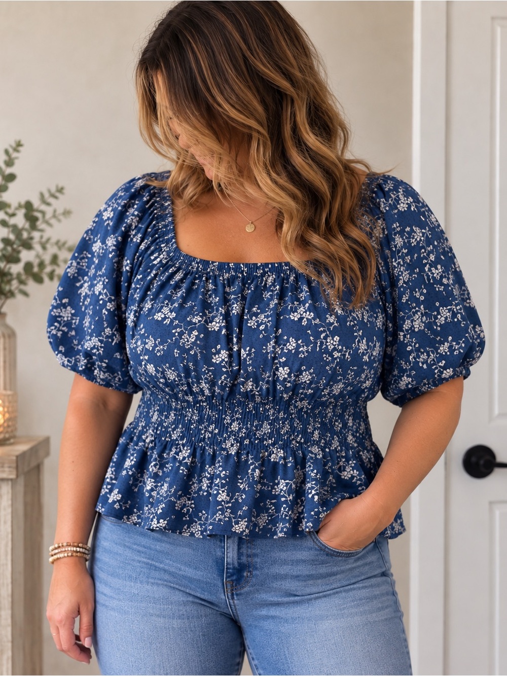 Universal Thread Blue Floral Smocked Peplum Top XXL NWT